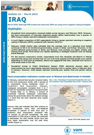 Iraq - Bulletin #16: Although PDS access has improved, IDPs are using more negative coping strategies, March 2016