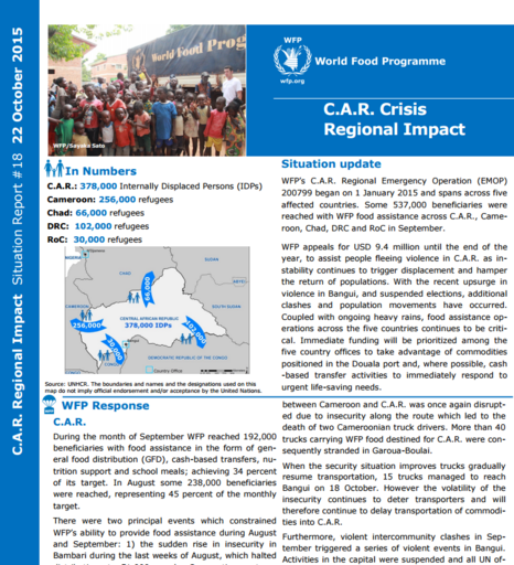 WFP REGIONAL IMPACT OF THE C.A.R. CRISIS SITUATION REPORT #18, 22 OCTOBER 2015