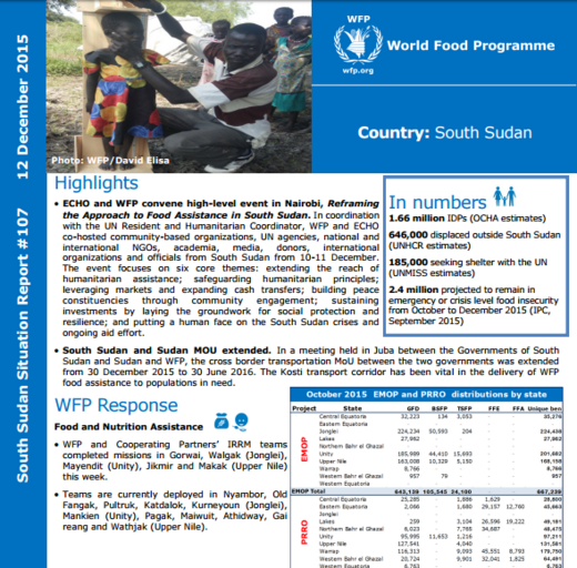 WFP SOUTH SUDAN SITUATION REPORT #107, 12 DECEMBER 2015