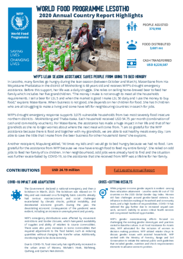 World Food Programme Lesotho 2020 Annual Country Report Highlights