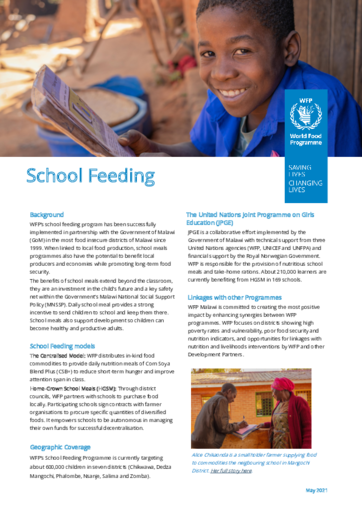 2021 – School Feeding Programme Factsheet – WFP Malawi, May 2021