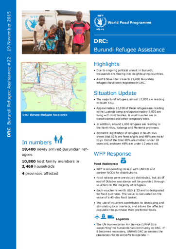 WFP DRC BURUNDI REFUGEE ASSISTANCE SITUATION REPORT #22, 19 NOVEMBER 2015