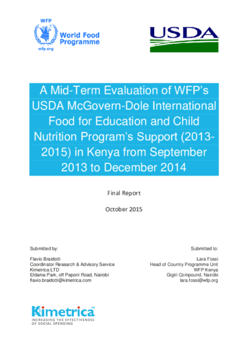 A Mid-Term Evaluation of WFP’s USDA McGovern-Dole International Food for Education and Child Nutrition Program’s Support (2013- 2015) in Kenya: September 2013 to December 2014