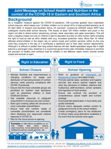 Joint Message on School Health and Nutrition in the context of COVID-19 in Eastern and Southern Africa