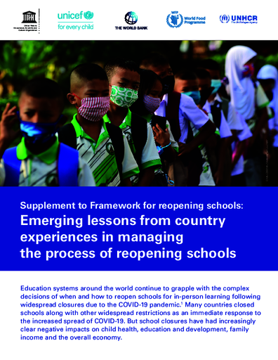 Emerging lessons from country experiences in managing the process of reopening schools – UNICEF, UNESCO, World Bank, WFP, UNHCR - September 2020