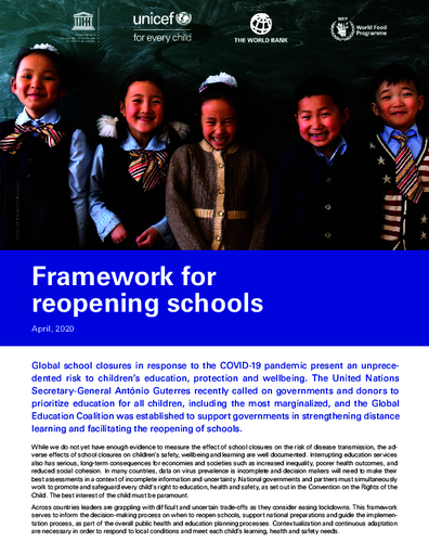 Framework for reopening schools  - Report by UNESCO, UNICEF, the World Bank and the World Food Programme