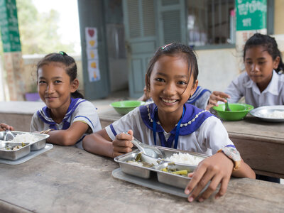 Children from Kok Kreul Primary school in Siem Reap province are having breakfast at their school. They always receive the hot meal everyday supported by School Feeding programme of World Food Programme and funded by other donors.