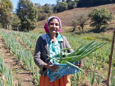 A woman walks through a community plot that is part of a resilience project in the department of La Paz, Honduras.