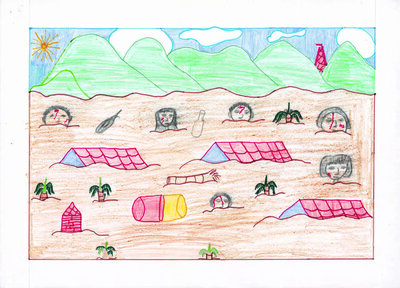 Child's drawing of rooftops immersed and people's  bloodied faces staying afloat