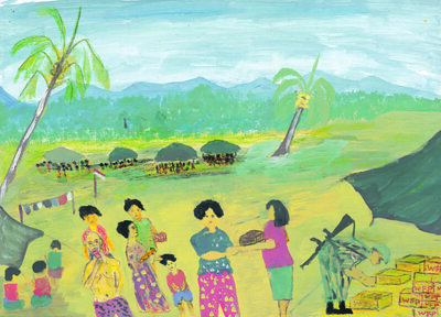 Drawing of figures in colourful outfits in a green field with a palm tree passing a relief item