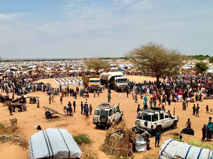 Aerial view of Adré camp in Chad whereWFP trucks await unloading for the distribution of food to Sudanese refugees.