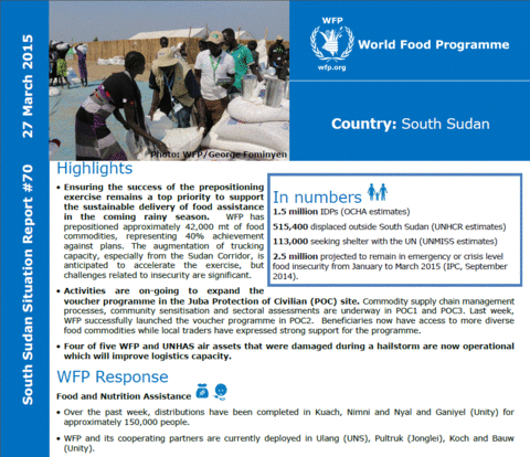 WFP South Sudan Situation Report #70, 27 March 2015