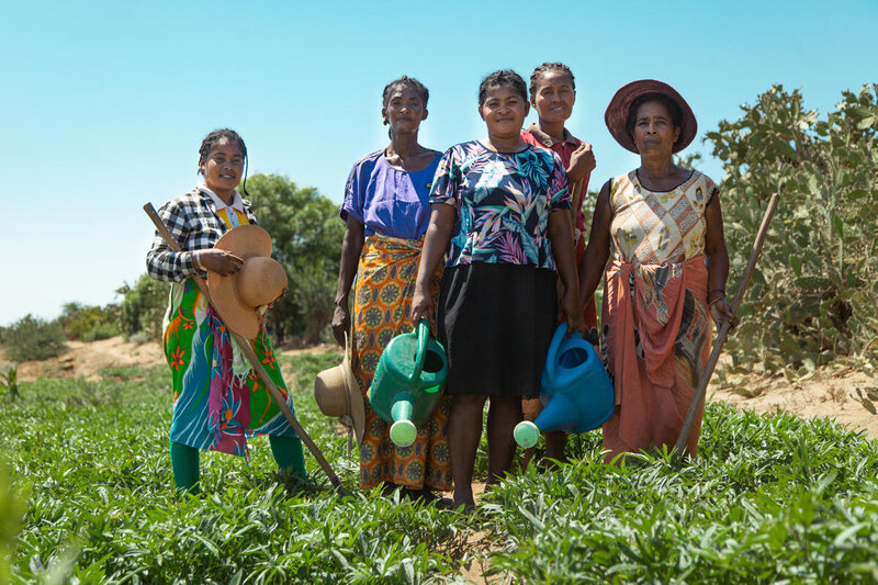 A group of women farmers stand in a field, some holding farming equiptment