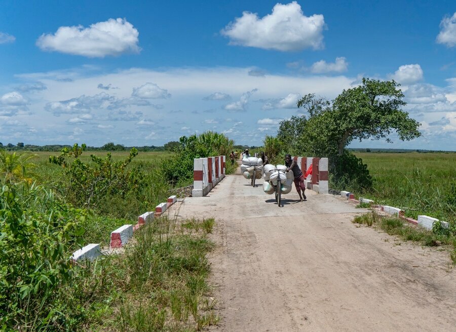 People crossing Lwizi bridge in Tanganyika province, illustrating the development dividends from relative peace and stability. Photo: WFP/Michael Castofas