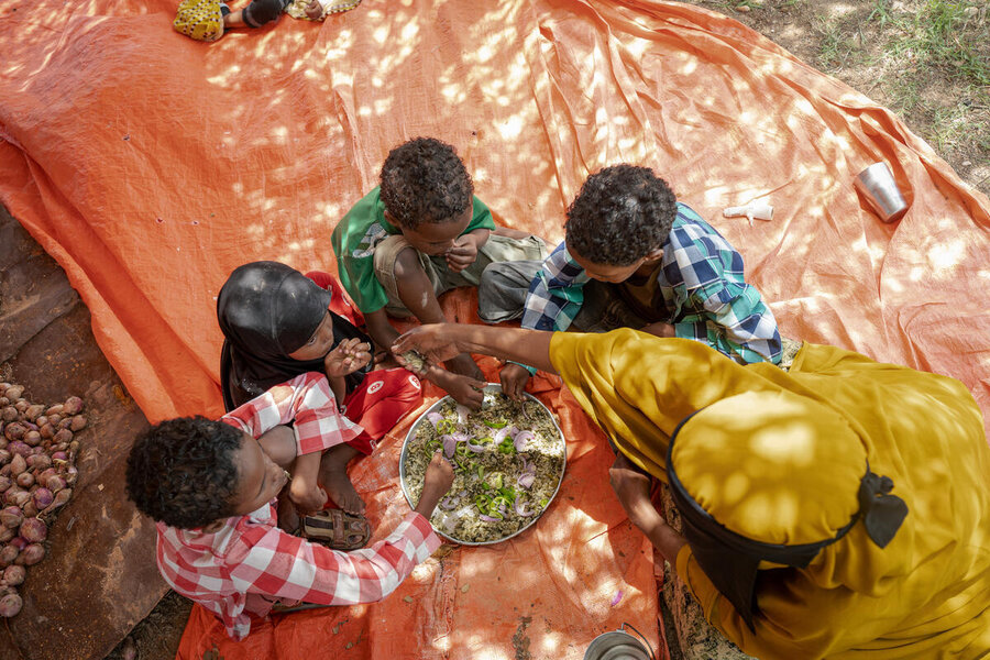 Fartun Abdi Warsame shares a meal with her family at her farm in Somalia's northeastern Puntland region. Photo: WFP/Arete/Utaama Mahamud