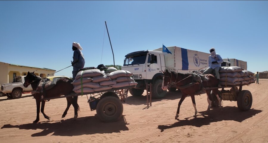 Two horse-driven cards pass a white WFP truck in the savannah