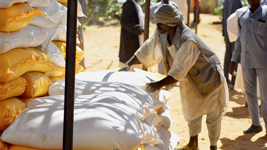 Unloading WFP food assistance at Zamzam camp in Sudan's North Darfur state. The food is part of a surge in WFP assistance to Sudan's hunger hotspots. Photo: WFP/Mohamed Galal