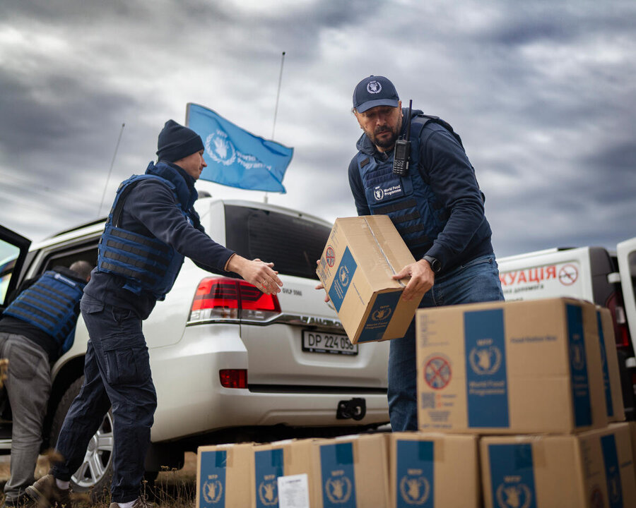 Workers unload boxes from a WFP vehicle with the organization’s logo and flag visible.