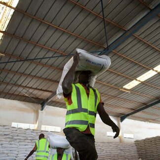 A man is carrying a sack on top of his head