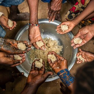 Aerial photo of numerous hands taking food from a bowl.