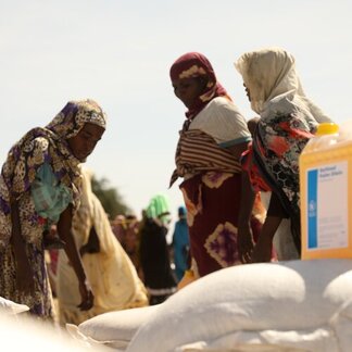 WFP distributing food to refugees crossing into Chad.